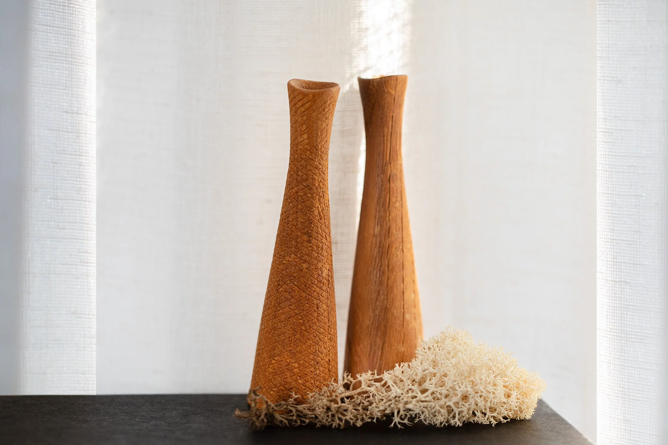 Zwei lange, elegante Holzvasen auf einer schwarzen Oberfläche, begleitet von einer kleinen Ansammlung von hellen Flechten, vor einem weißen, leicht schimmernden Hintergrund.