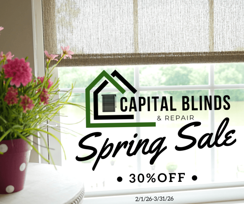 Advertisement for Capital Blinds Spring Sale offering 30% off, valid from February 1 to March 26, 2026.
