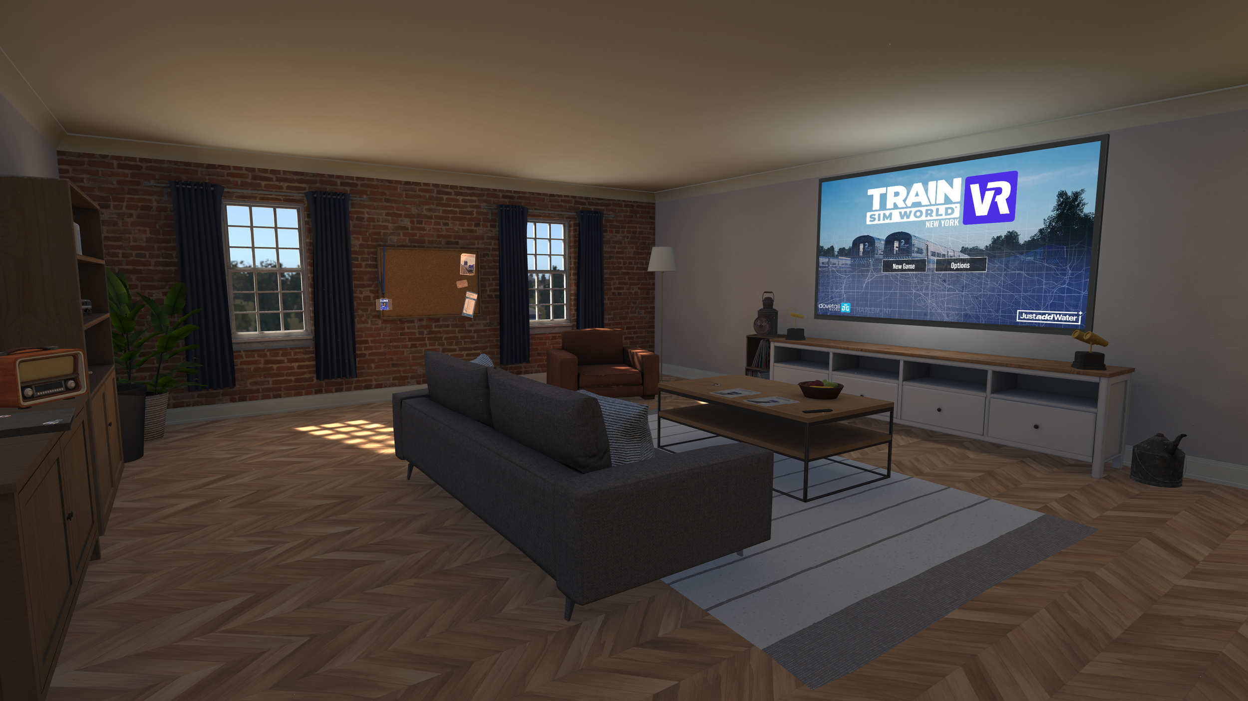 ダヴテールゲームズ_トレインシムワールドVR_リビングルームのソファとコーヒーテーブル、大きなテレビ、レンガの壁と2つの窓、木製のフローリングとカーテン、ウォーターワークのバナー画面。