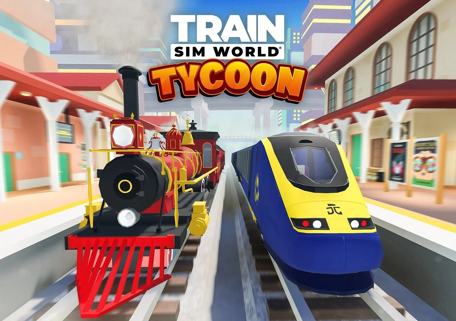 ダヴテールゲームズ_トレインシムワールドタイクーン_2つの列車が線路に停車しているシーン。左側は赤い蒸気機関車、右側は青と黄色の高速列車。背景は都市の街並みと看板が見える。