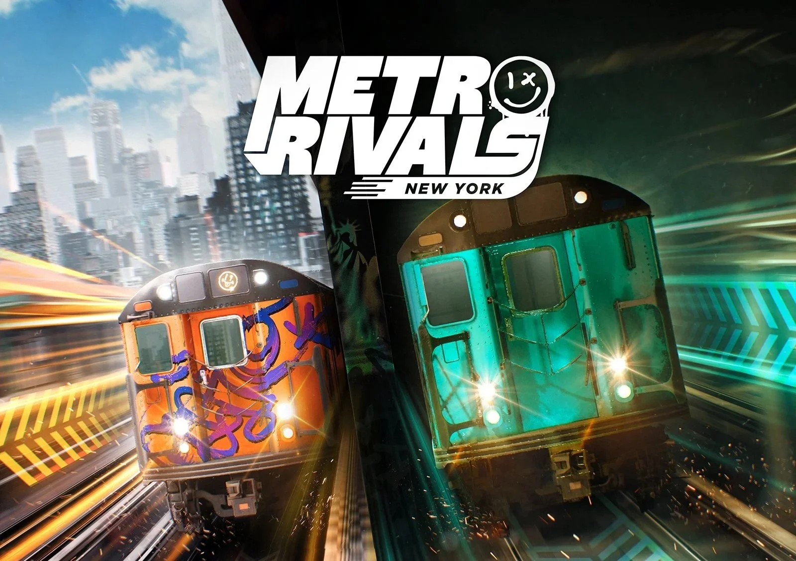 ダヴテールゲームズ＿メトロライバルズニューヨーク_『Metro Rivals』ニューヨークを舞台にしたレースゲームのアートワーク。高速で並走する二つの列車と、ニューヨークの都市の背景。」}]}】
