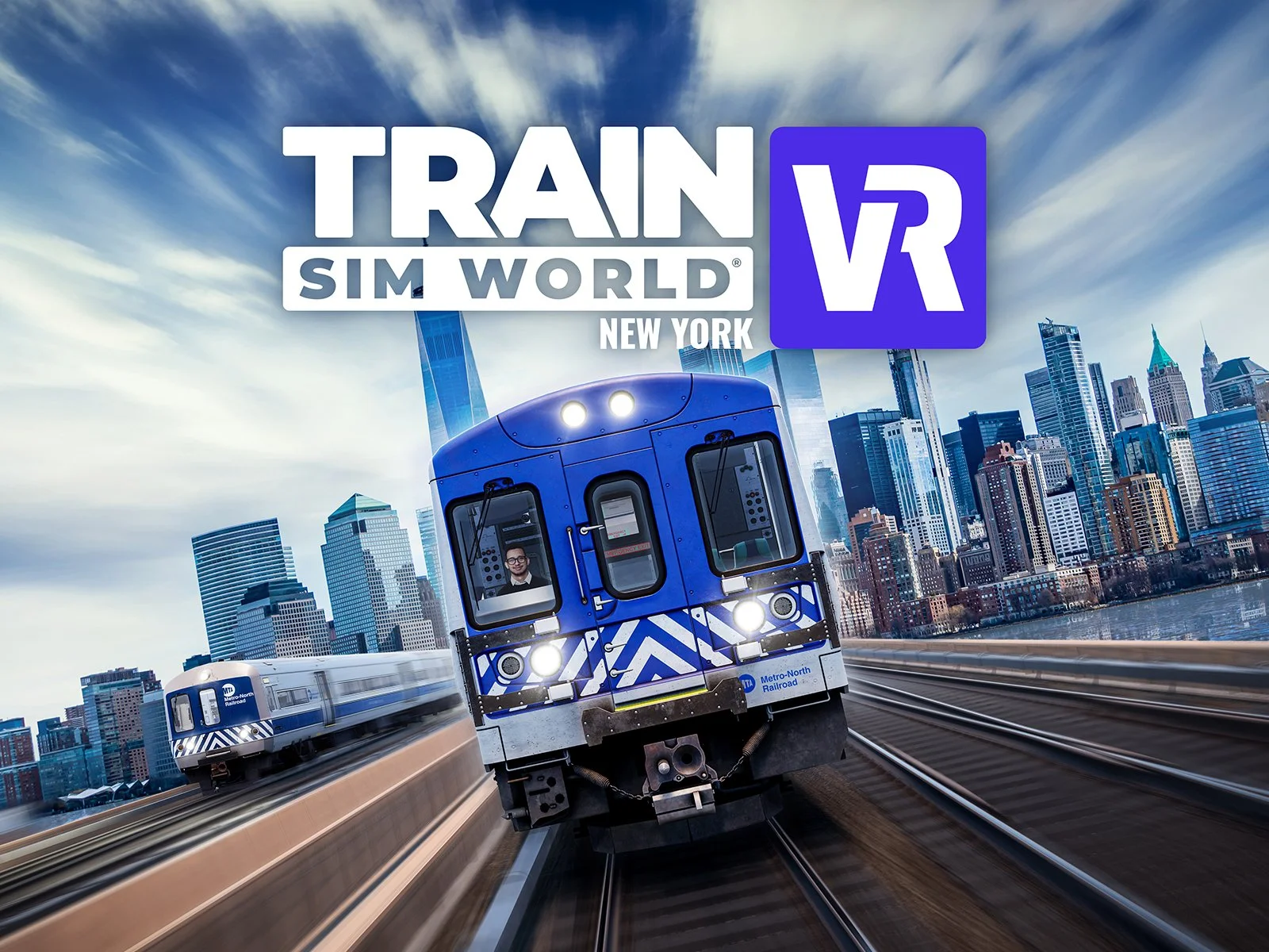 ダヴテールゲームズ_トレインシムワールドVR_都市の背景にトレインが走るバーチャルリアリティゲームのプロモーション画像。