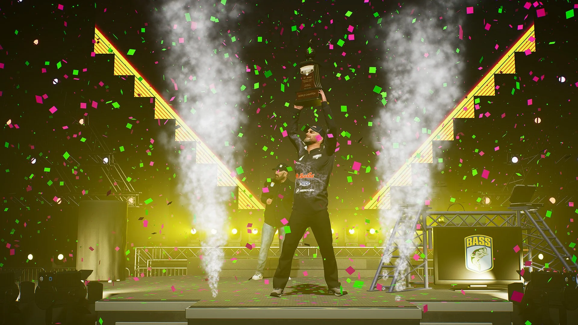 ダヴテールゲームズ_バスマスターフィッシング_優勝者がトロフィーを掲げて祝福。背景にステージと大会ロゴ『BASS』があり、カラフルな紙吹雪と煙が舞い上がる中、スポットライトが当たっている。