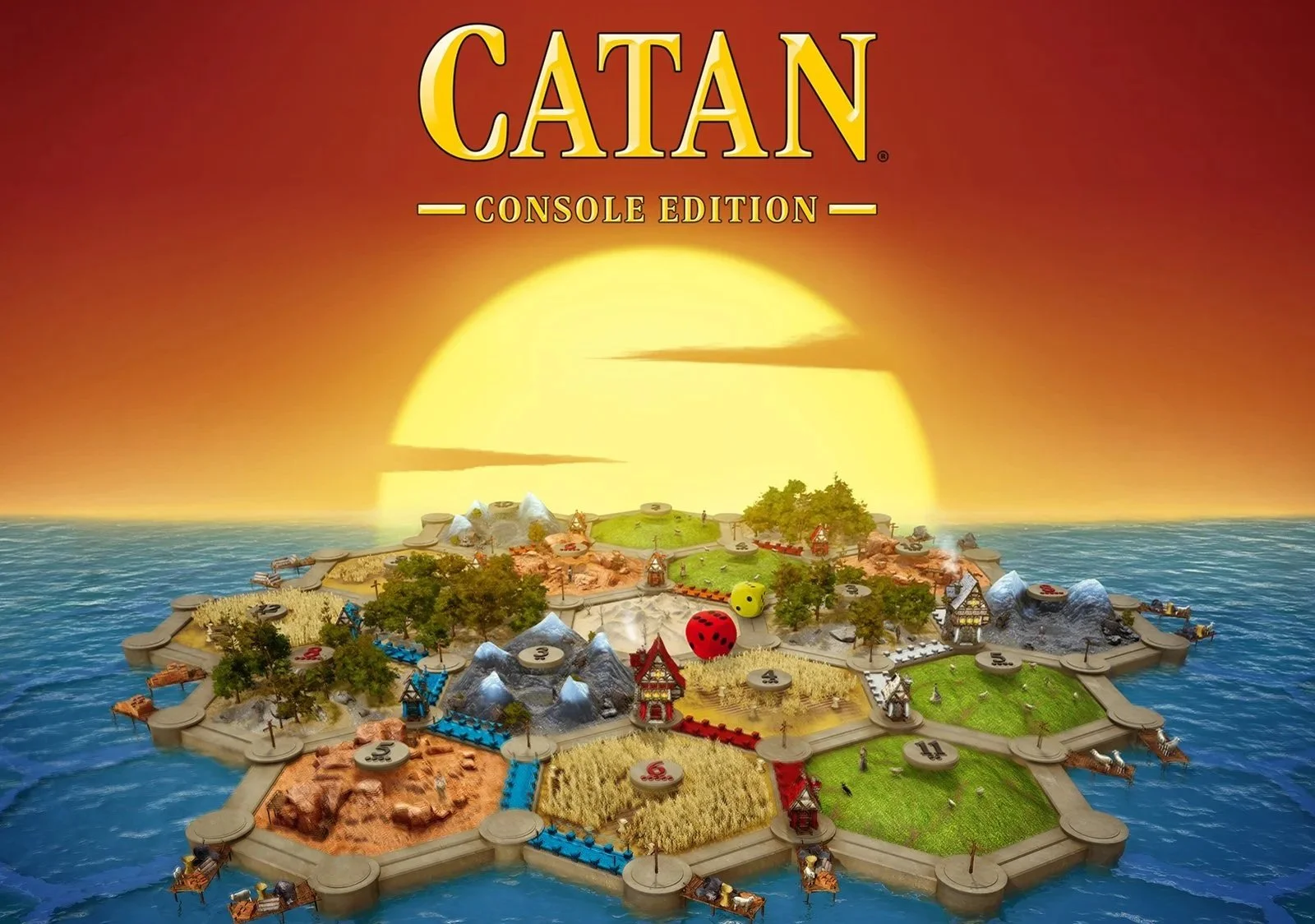 ダヴテールゲームズ_カタン-コンソールエディション_ボードゲーム『カタン』コンソール版のゲーム盤の画像、島にさまざまな風景と建物、太陽の背景
