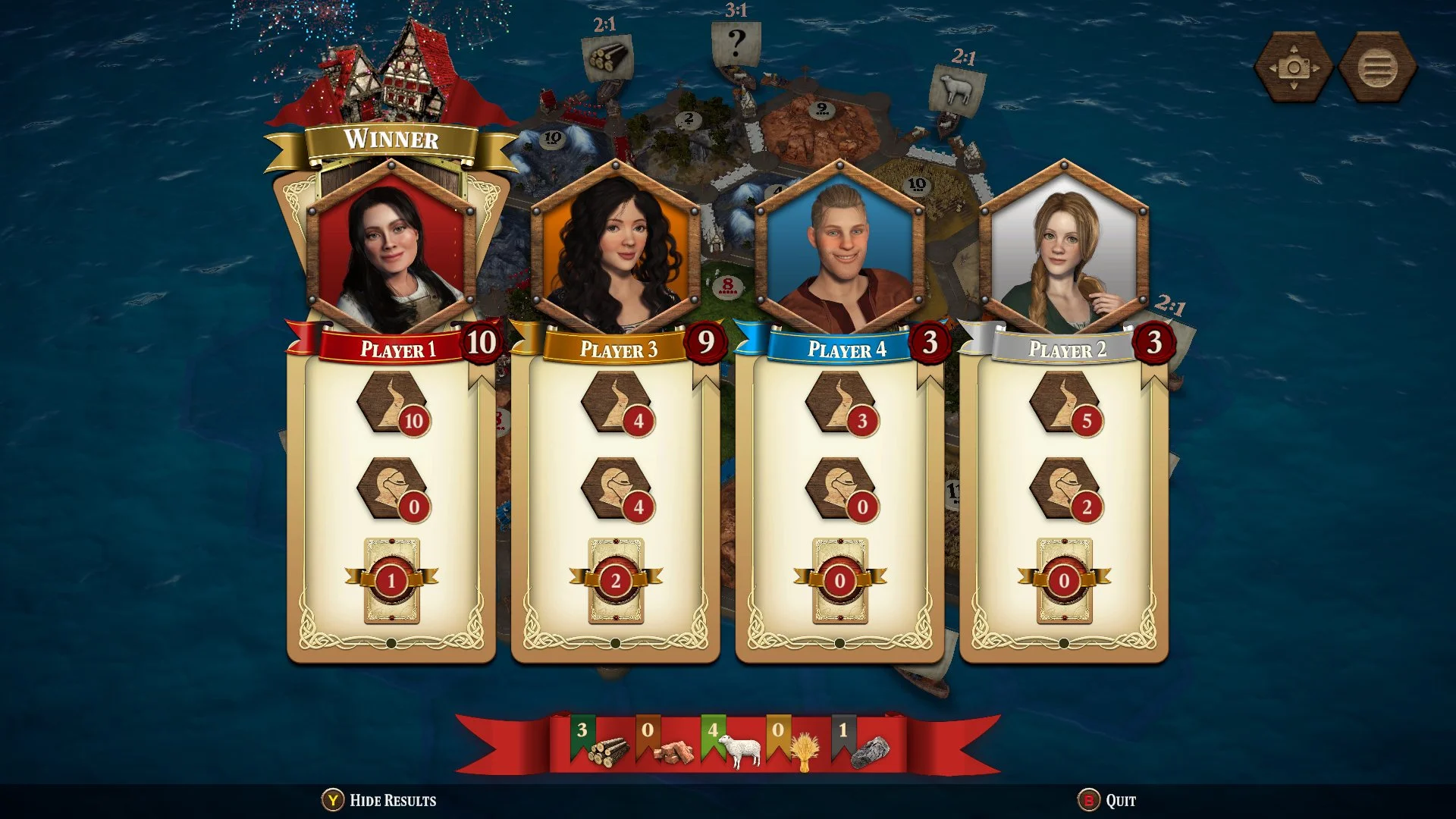 ダヴテールゲームズ_カタン-コンソールエディション_ボードゲームのスコアボードの画像。4人のプレイヤーとそれぞれのスコア、アイコンと得点、背景には海と島が描かれている。