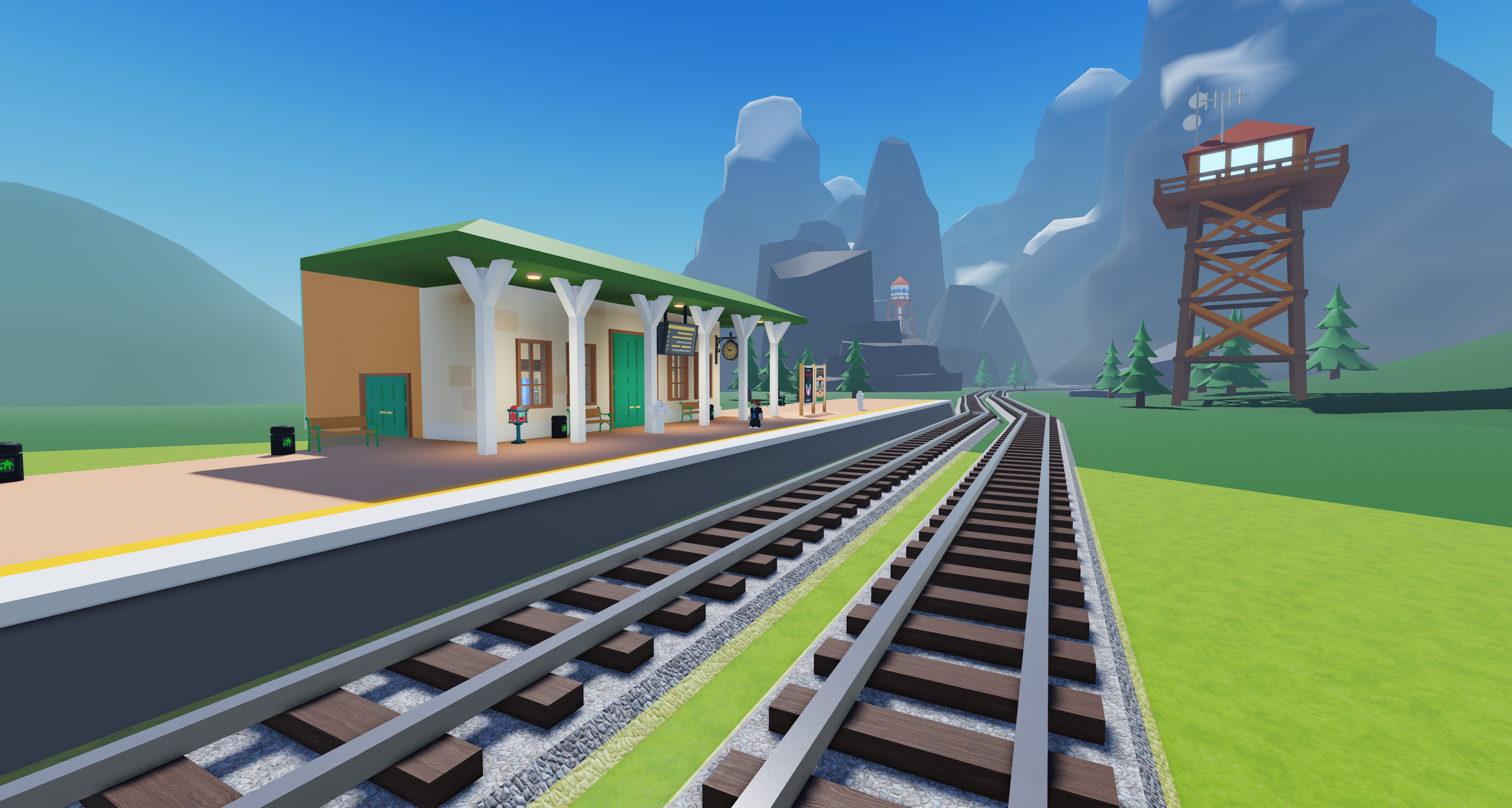 ダヴテールゲームズ_トレインシムワールドタイクーン_山の風景と鉄道路線、駅舎と展望台が見えるファンタジー風のイラスト