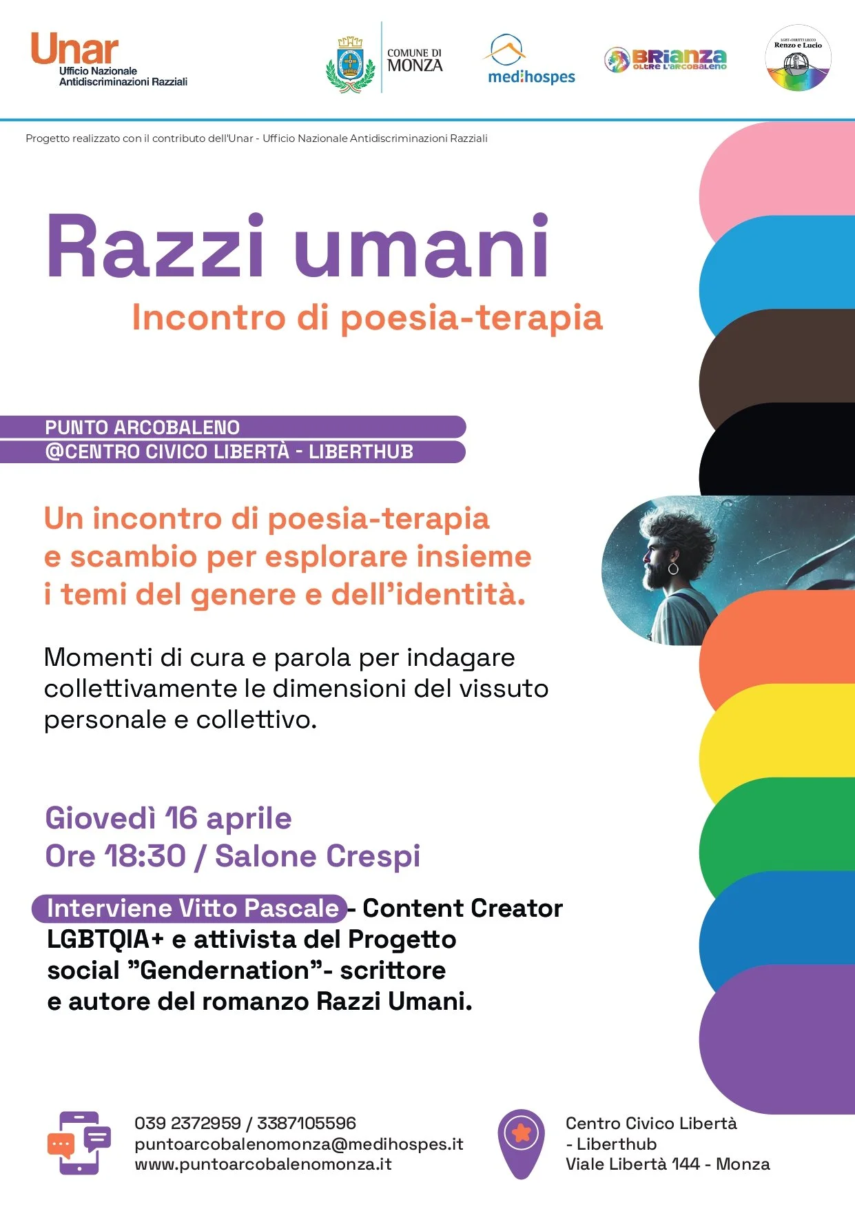 Locandina della presentazione del libro "Razzi Umani" di Vitto Pascale. Sulla destra bandiera LGBTQ+, nella parte superiore della grafica sono posizionati loghi dei partner del progetto, logo del Comune di Monza e logo dell'Unar