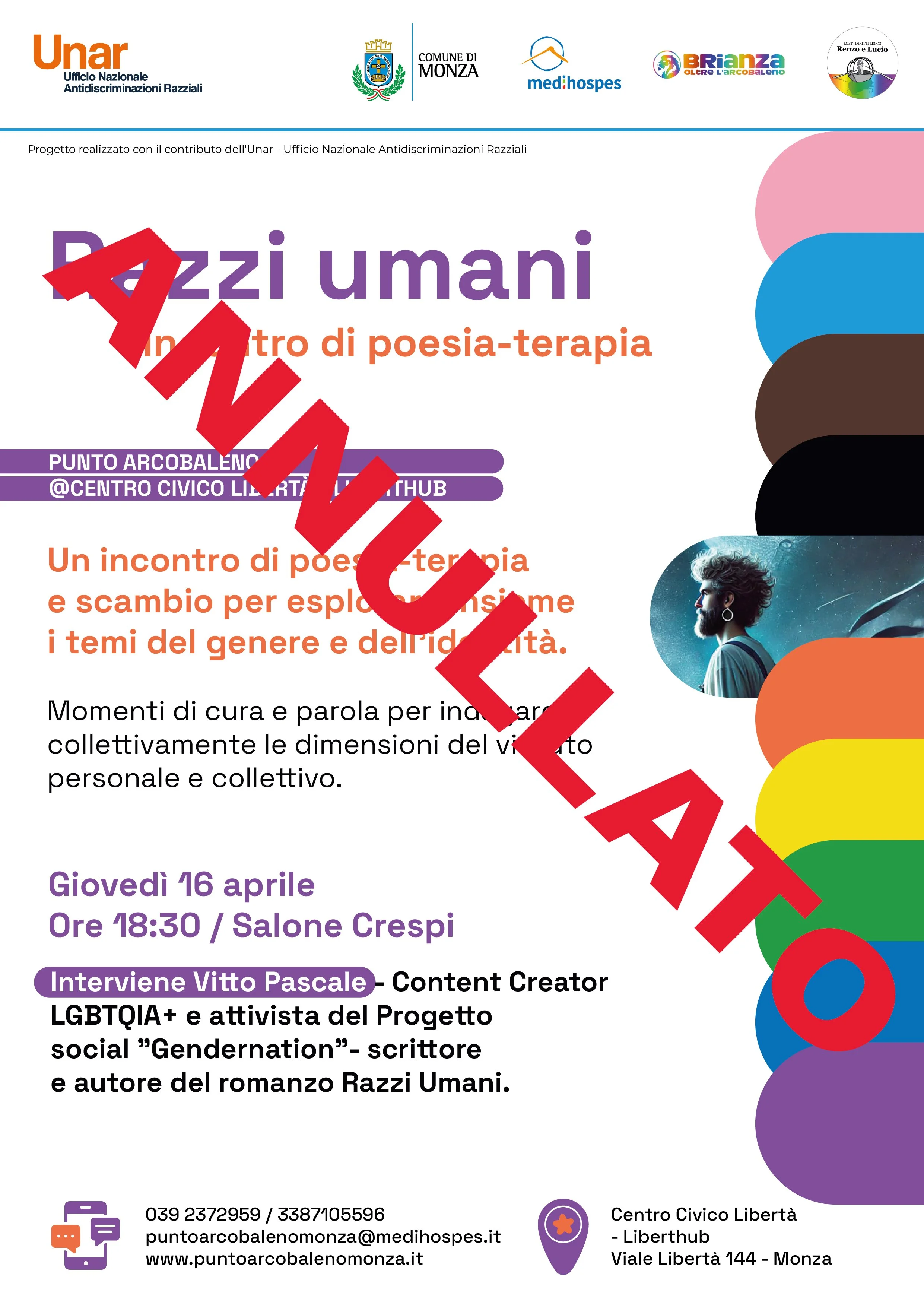 Locandina presentazione libro "Razzi Umani" con scritta rossa "ANNULLATO"