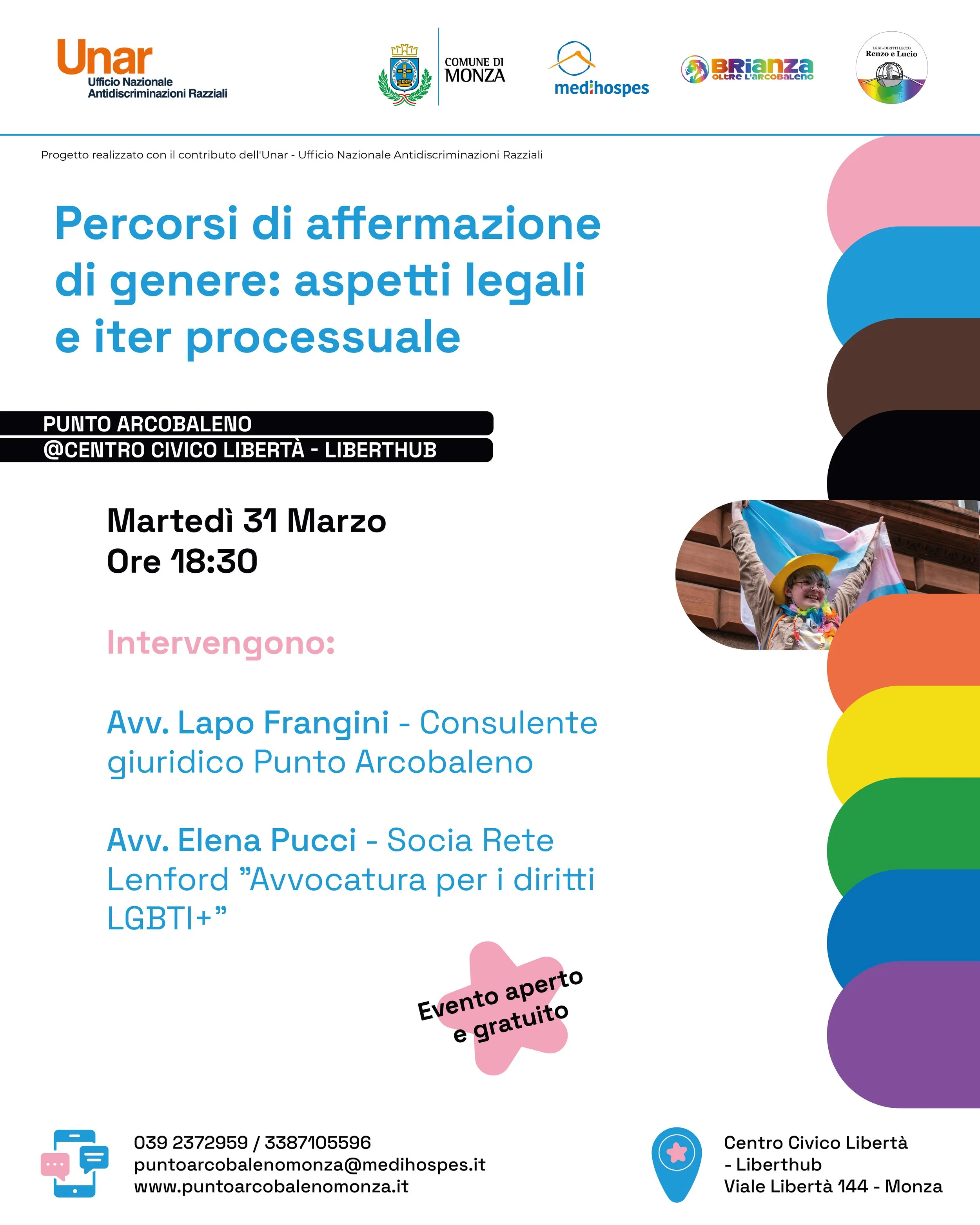 Locandina incontro affermazione di genere con intervento legale, bandiera LGBTQIAPK+ e loghi partner.