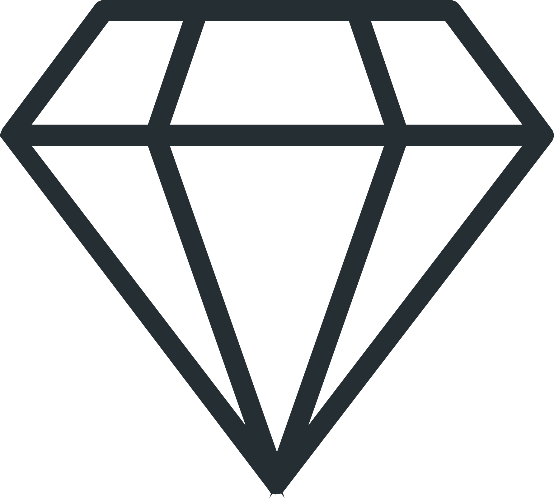Outline drawing of a diamond gemstone.