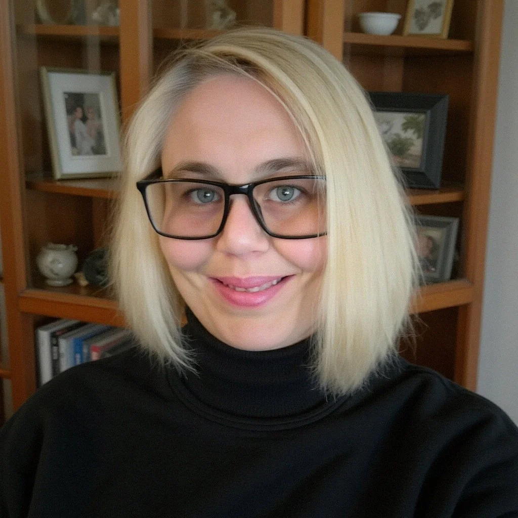 A woman with blonde hair, glasses, and a black turtleneck takes a selfie in front of a wooden bookshelf filled with books and framed photographs.