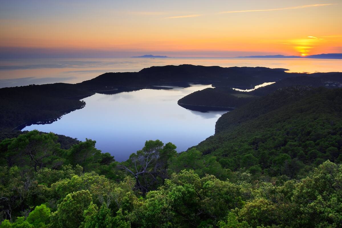 Sunset over a body of water with a forested hillside in the foreground.