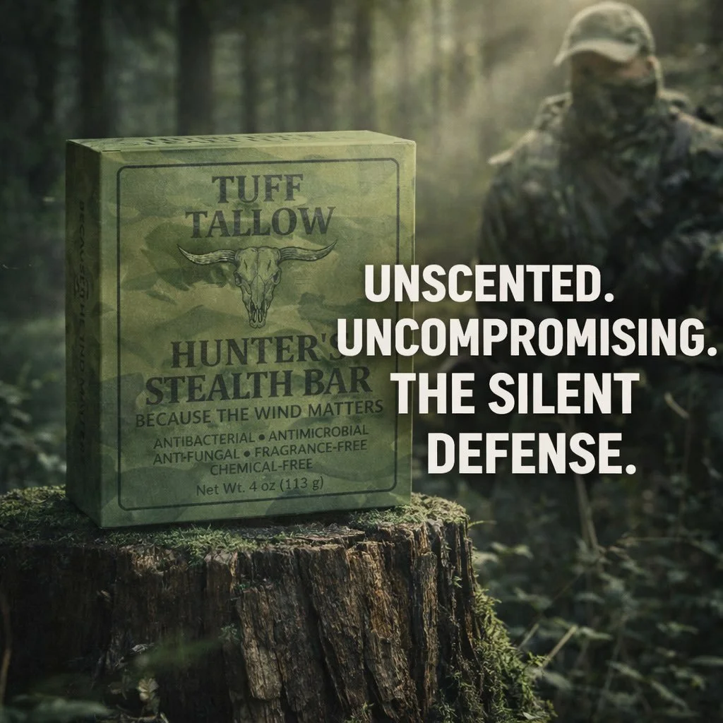Tuff Tallow Hunter&rsquo;s Stealth Bar: BECAUSE THE WIND MATTERS.

For the hunter, every breath of wind carries a story. It can be your ally, or it can be your downfall. Your scent is your signature, and in the wild, a single wrong note can mean the 