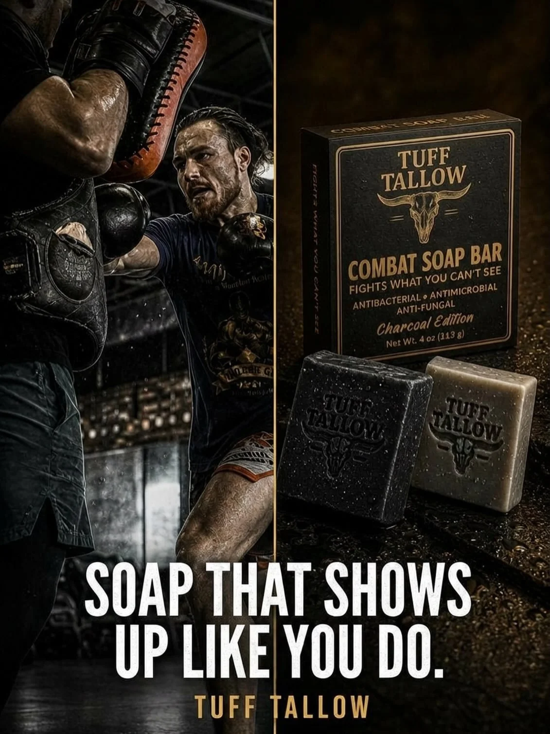 SOAP THAT SHOWS UP LIKE YOU DO. 🥊

You don't skip rounds. You don't cut corners. You don't take days off.

So why would you wash with something that came in a plastic neon bottle and smells like a beach vacation?

Tuff Tallow Combat Soap. Grass-fed 