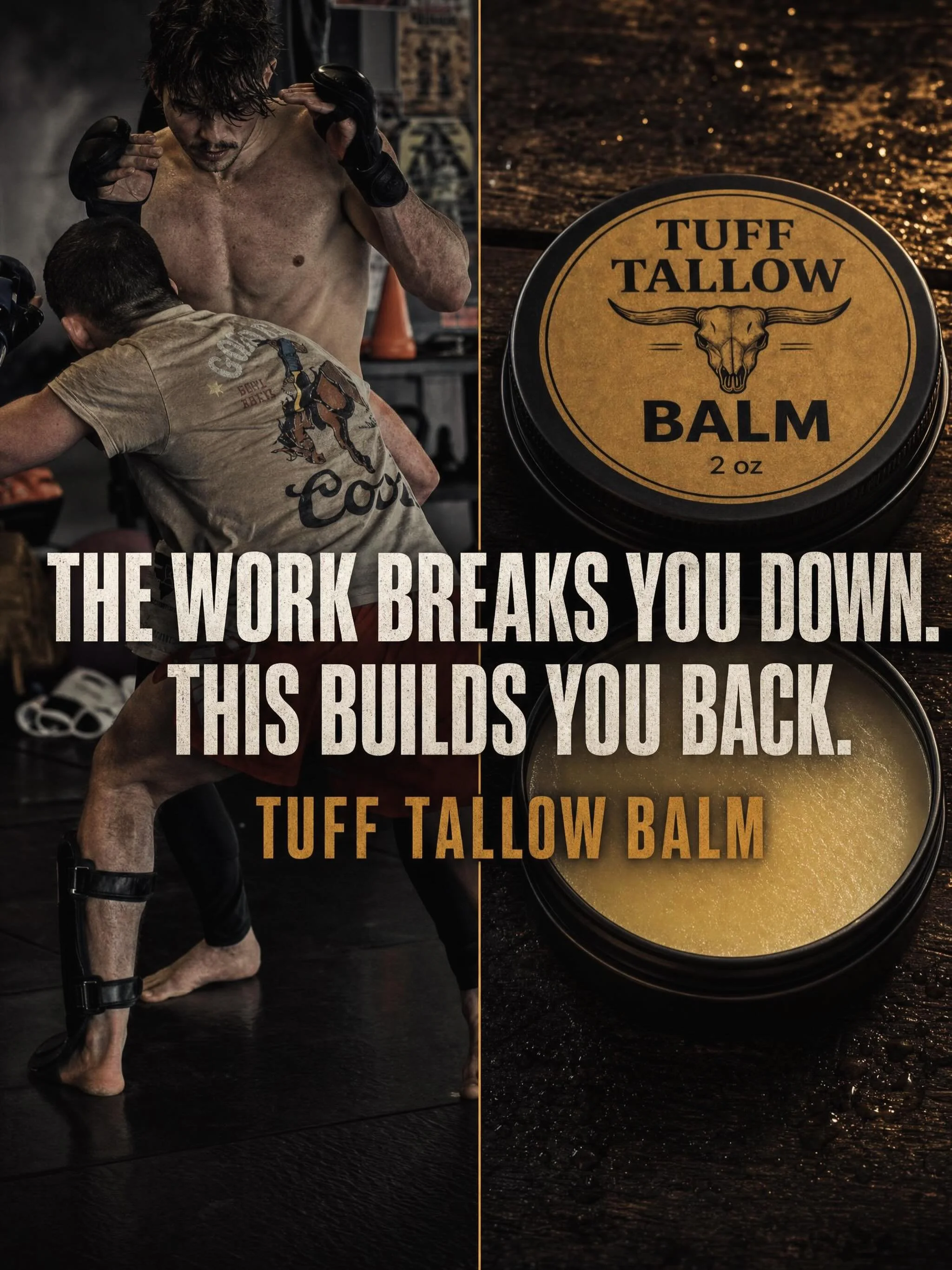 RECOVERY IS PART OF THE FIGHT. 🥊

Mat burns. Scrapes. Cracked, beat-up skin. The work takes a toll &mdash; so give your body something that actually repairs it.

Tuff Tallow Balm is built on two powerhouses:

🐂 Grass-Fed Tallow &mdash; biocompatibl
