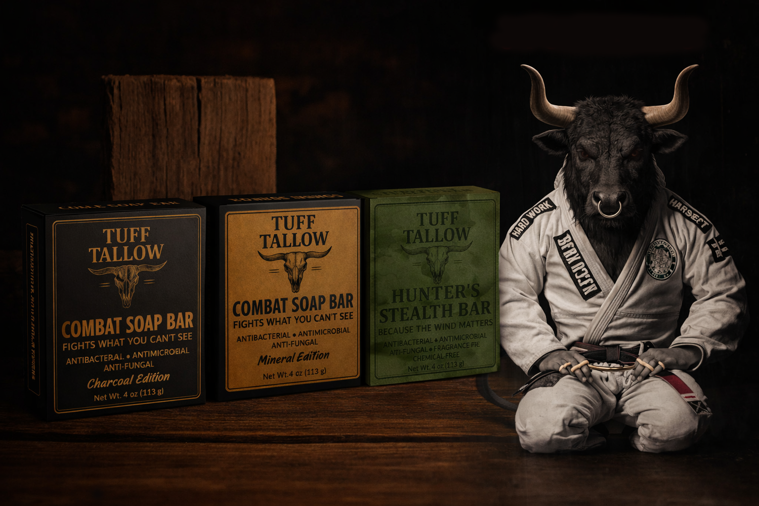 A humanoid bull wearing a martial arts uniform with patches and a belt, seated cross-legged on a wooden surface. Next to the bull are three boxed soap bars labeled 'Tuff Tallow'—the Charcoal Edition, Mineral Edition, and Hunter's Stealth Bar.