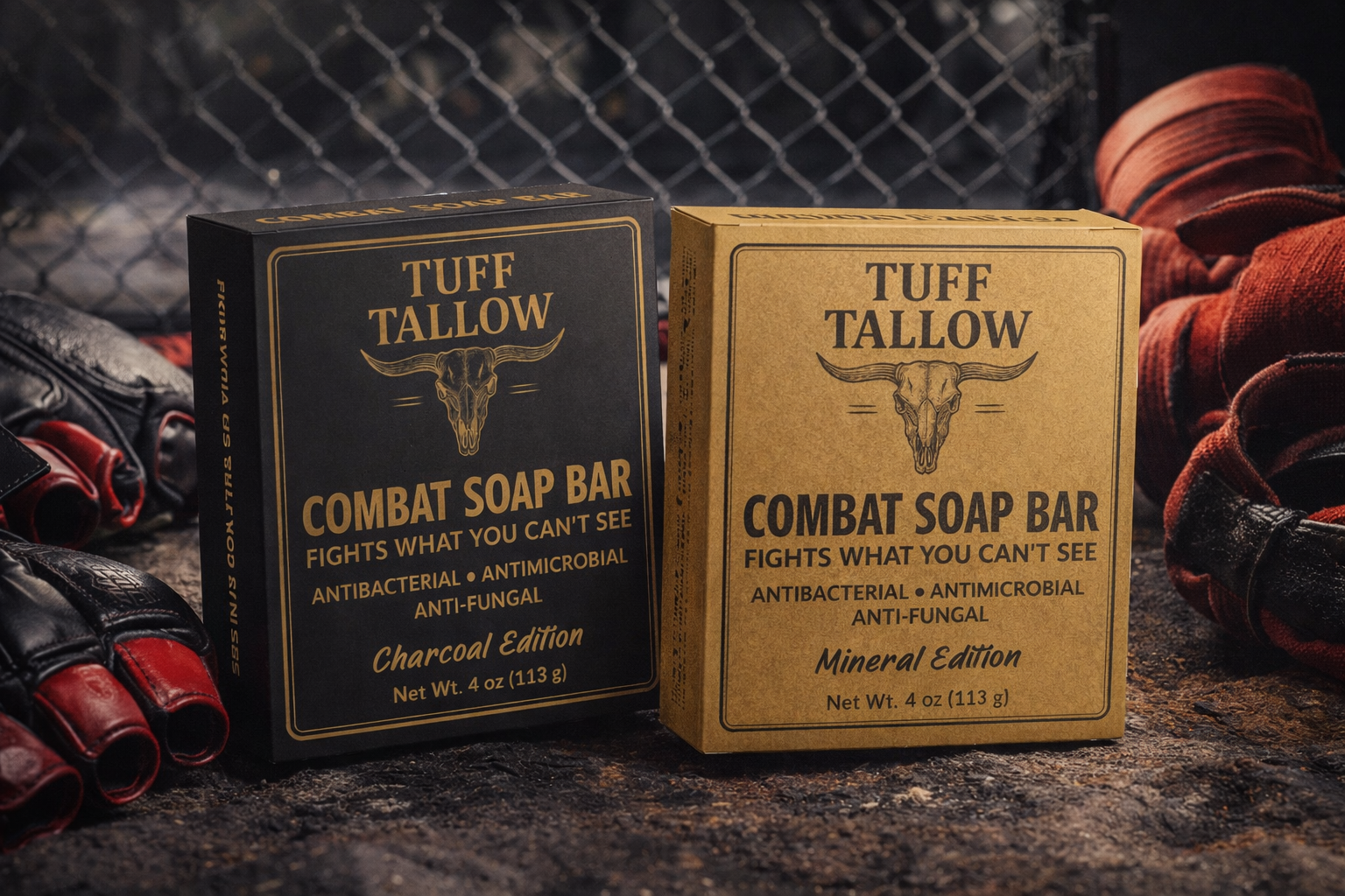 Two boxes of Tuff Tallow combat soap bars, one charcoal edition and one mineral edition, with black and yellow packaging beside black and red MMA gloves on a textured ground with a chain-link fence in the background.