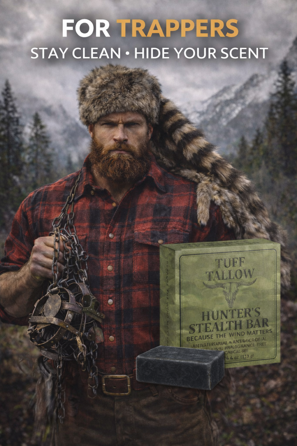 Man in outdoor gear holding animal traps and a box of Tuff Tallow Hunter's Stealth Bar with a forest mountain background.