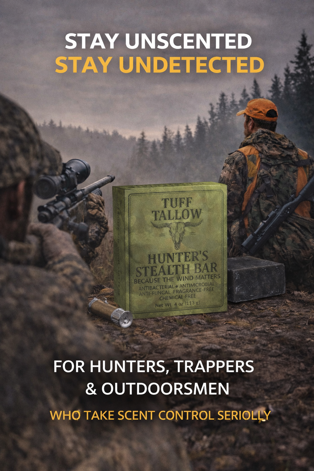 Hunters in camouflage gear sitting in a forest with firearms, looking into the distance. A green box labeled "Tuff Tallow Hunter's Stealth Bar" sits on the ground. Overlaid text reads "Stay Unscented, Stay Undetected" and promotes scent control for hunters, trappers, and outdoorsmen.