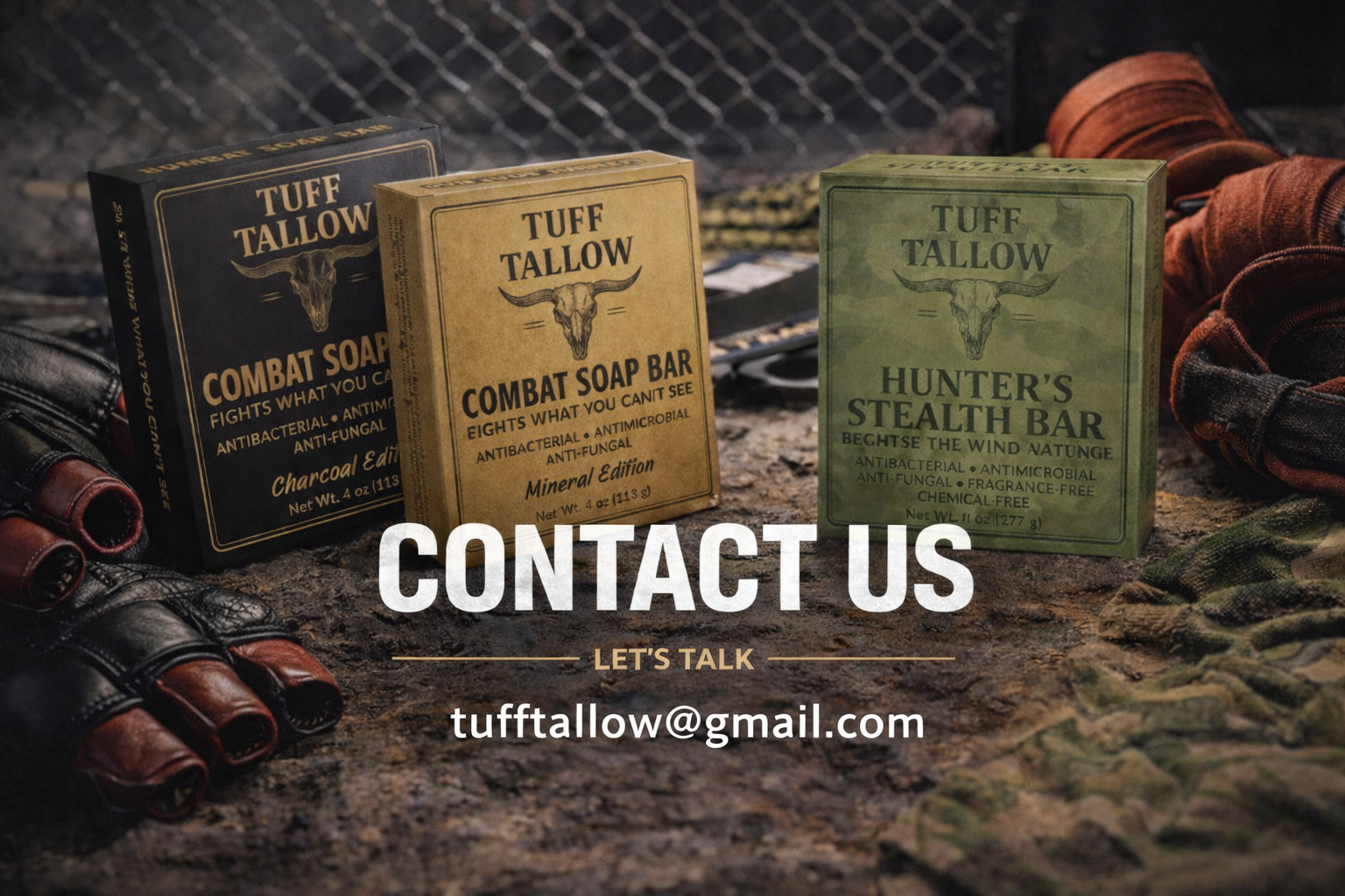 Boxes of tactical soap with a rugged outdoor background, gloves, and camouflage fabric, labeled 'Tuff Tallow' with different scents and features, along with contact information overlay.