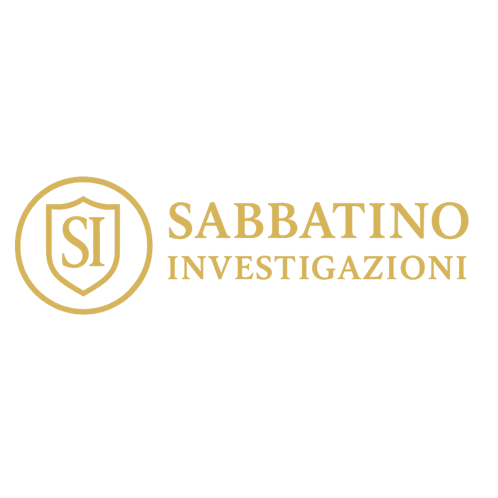 Logo con scudo dorato con le lettere 'SI' e testo 'Sabbatino Investigazioni' in oro.
