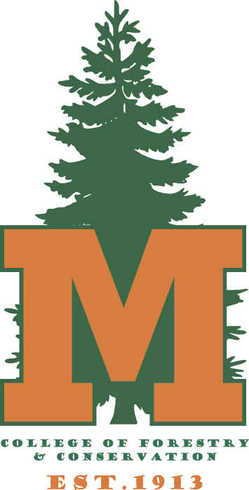 A logo featuring a large orange letter 'M' with a green pine tree behind it. Text below reads 'College of Forestry & Conservation EST. 1913'.