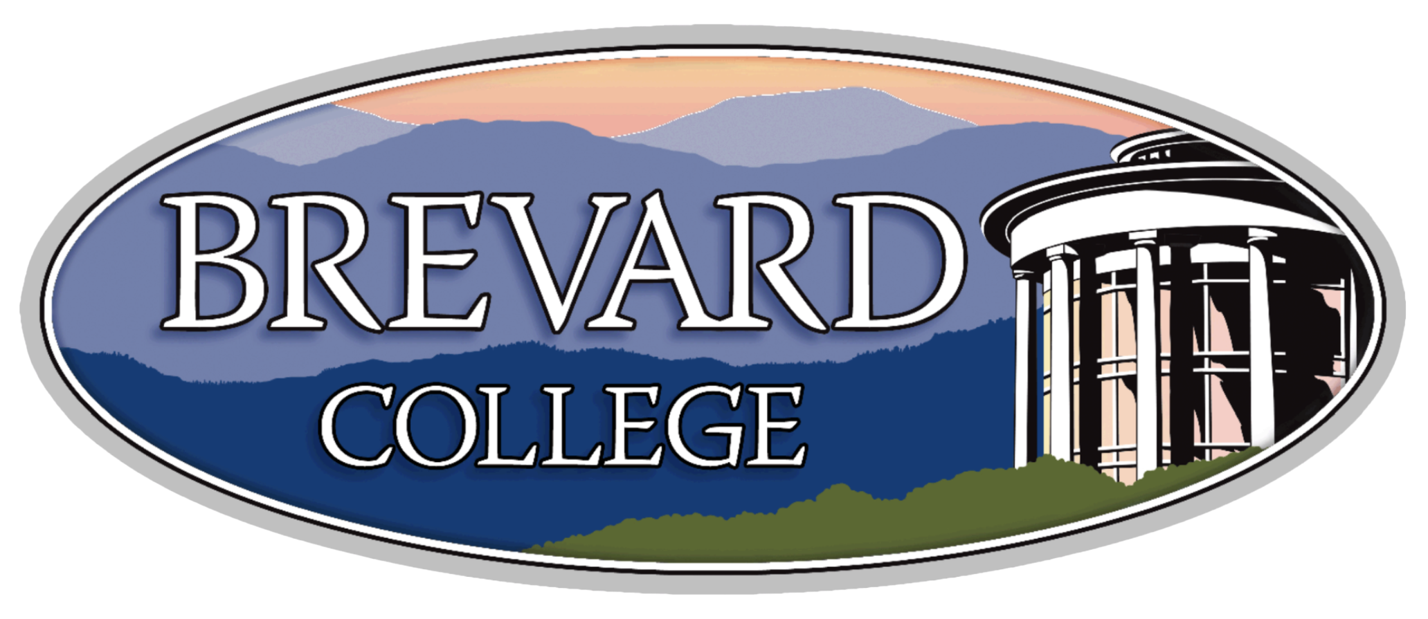 Logo for Brevard College featuring mountains in the background, the college name in large letters, and a depiction of a classical building with columns.