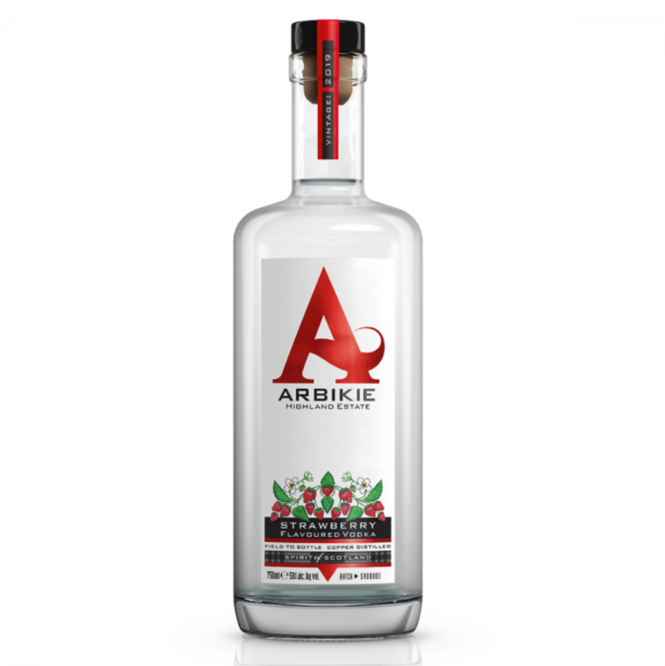 A clear glass bottle labeled 'ARBOKIE Highland Estate' with a red 'A' logo. The label indicates it's a strawberry-flavored vodka. The bottle has a black cap with a red stripe and additional label indicating vintage 2019.