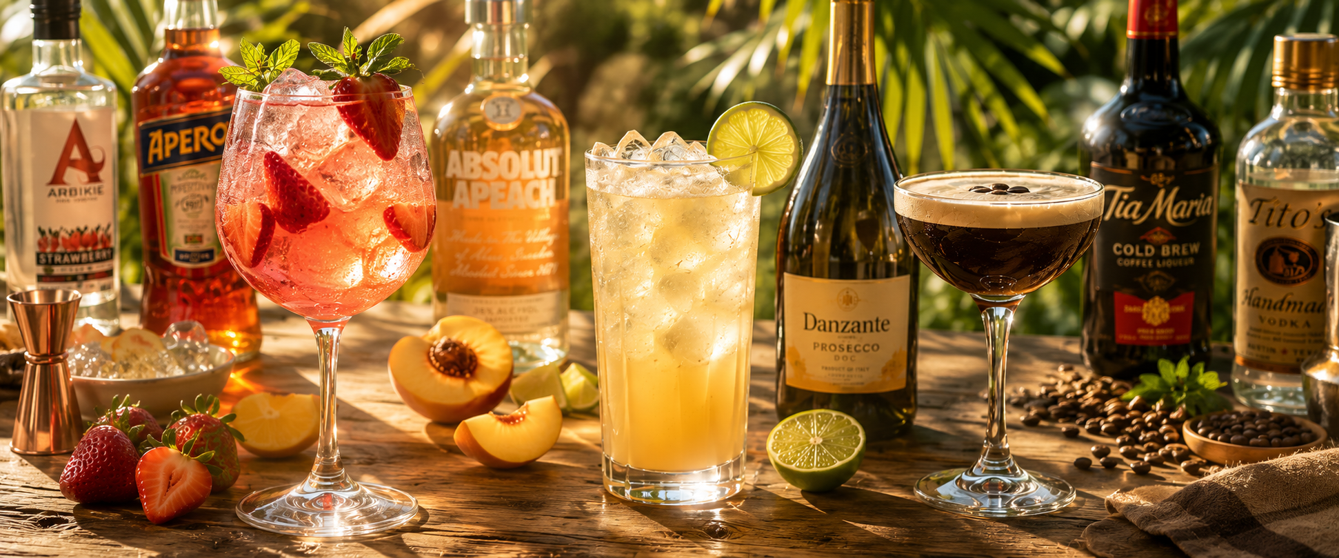 Assorted cocktails and alcohol bottles on a rustic wooden table with fresh fruit, lime, peach, strawberries, and peaches, set outdoors in sunlight.
