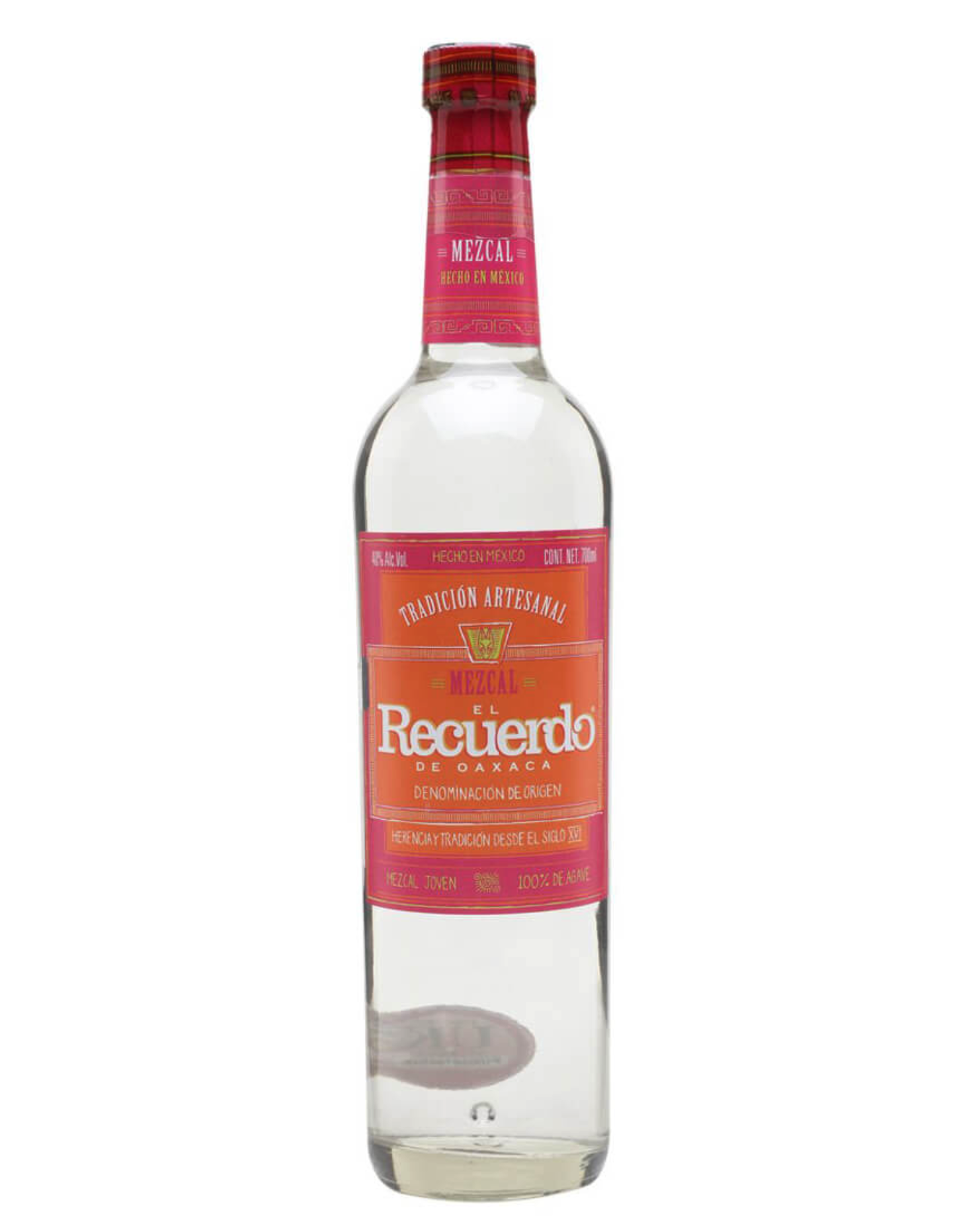 A clear glass bottle of Mezcal El Recuerdo de Oaxaca with a pink and orange label, featuring decorative text and symbols, and a pink cap with traditional motif patterns.