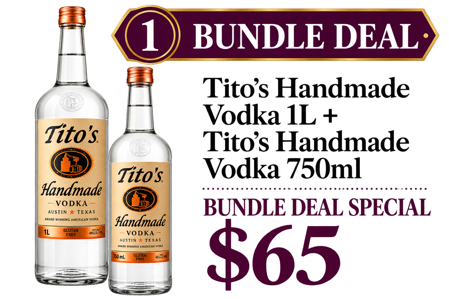 Two bottles of Tito's Handmade Vodka, one larger and one smaller, with labels indicating they are gluten free and from Austin, Texas, with a promotion for a bundle deal.