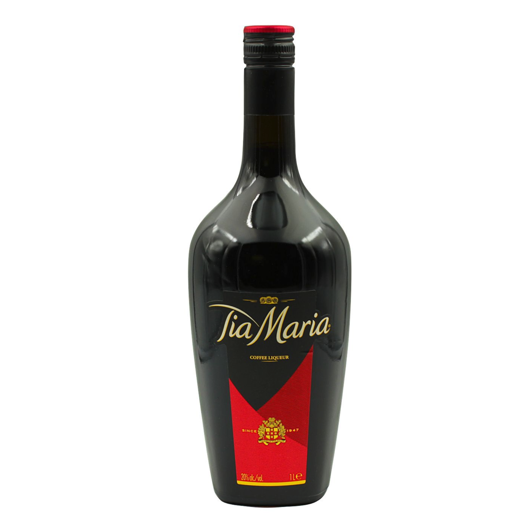 A tall, dark glass bottle of Tia Maria coffee liqueur with a black label and red and gold accents, including the Tia Maria logo and crest, set against a white background.