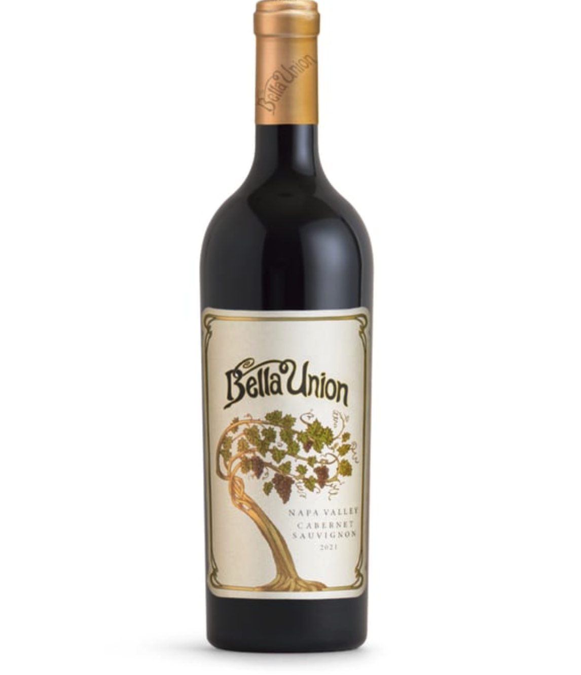 Bottle of Bella Union Napa Valley Cabernet Sauvignon wine from 2021 with an illustrated grapevine on the label.