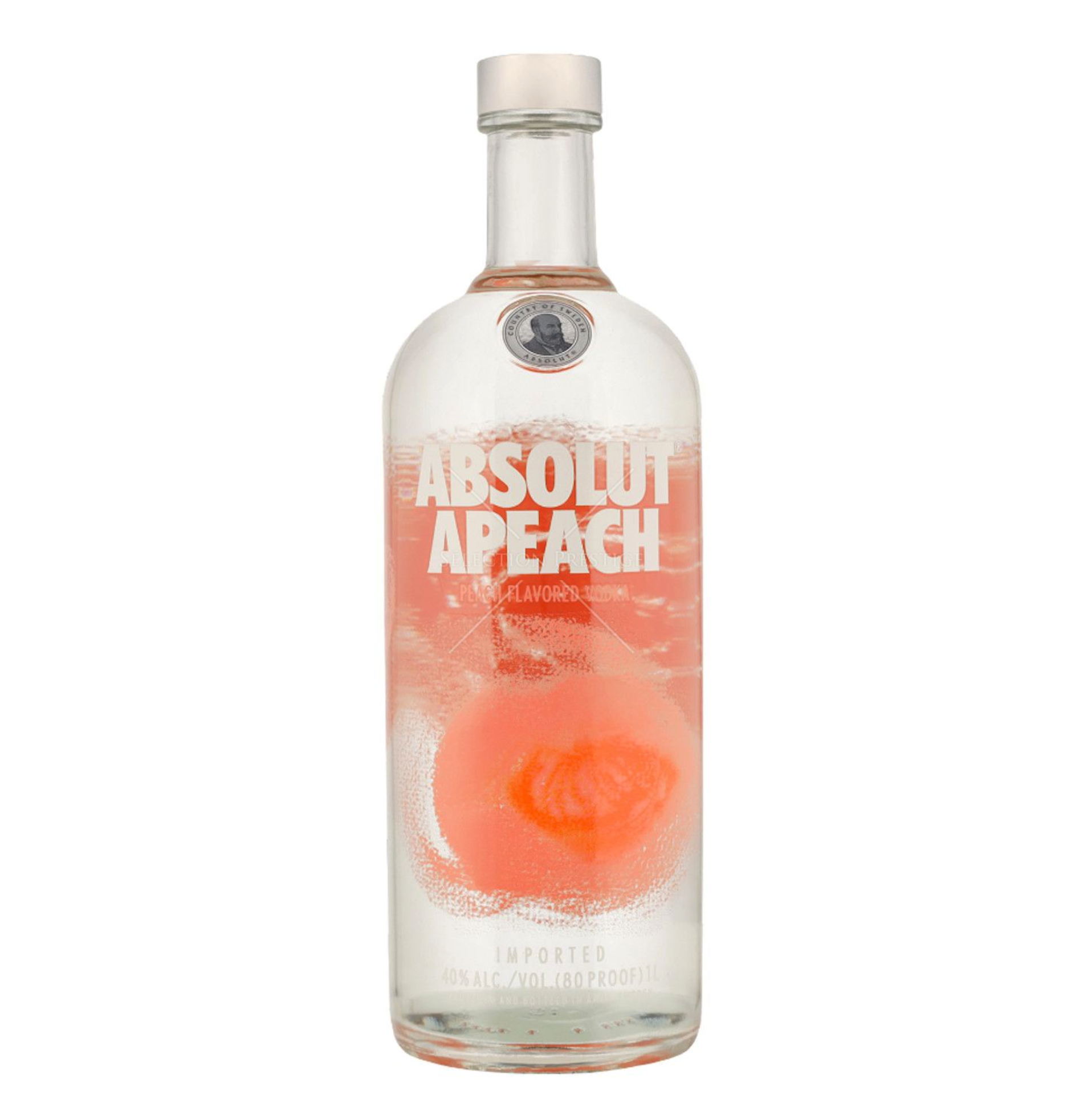 A clear glass bottle of Absolut Peach flavored vodka with a white cap, showing pinkish peach-colored vodka and a peach illustration on the label.