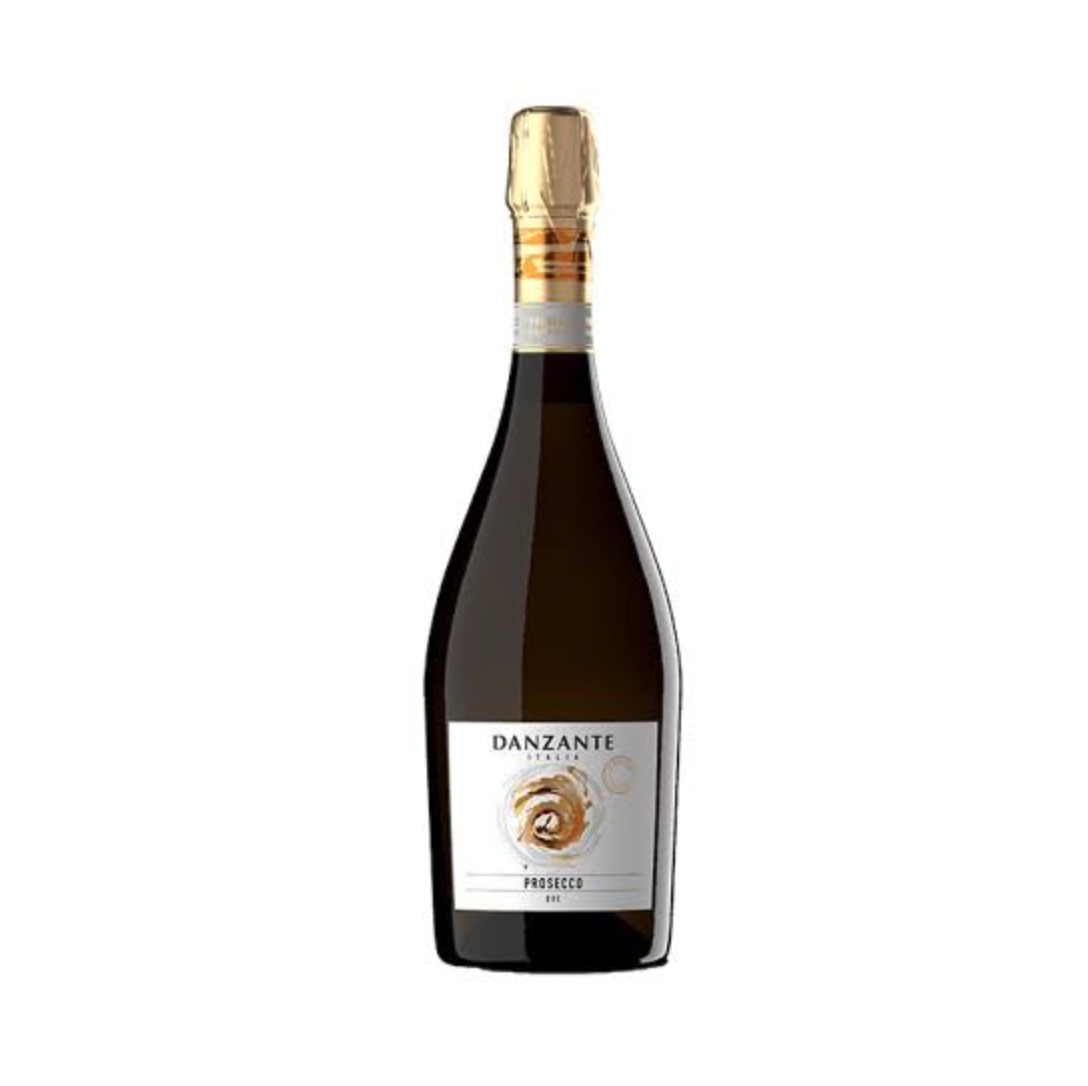 A bottle of Danzante Prosecco sparkling wine with a gold foil top and a white label featuring a gold swirl design.