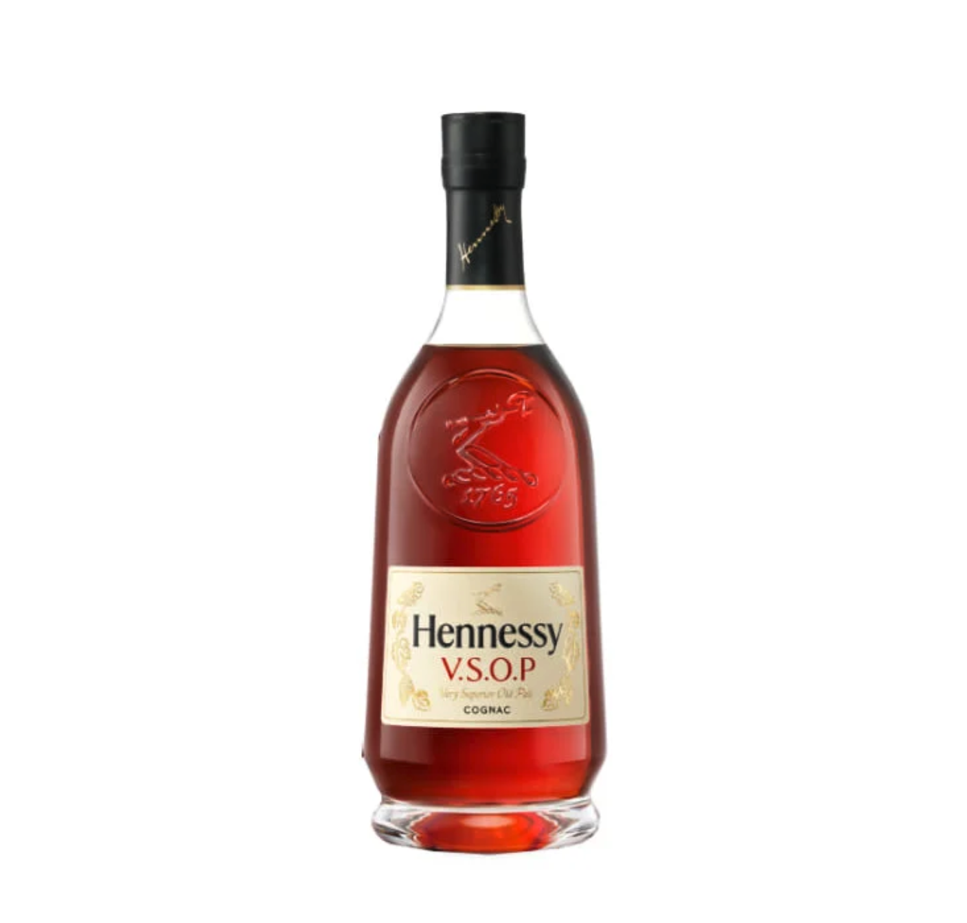 A bottle of Hennessy V.S.O.P Cognac with a clear glass body, black cap, and red liquid inside.
