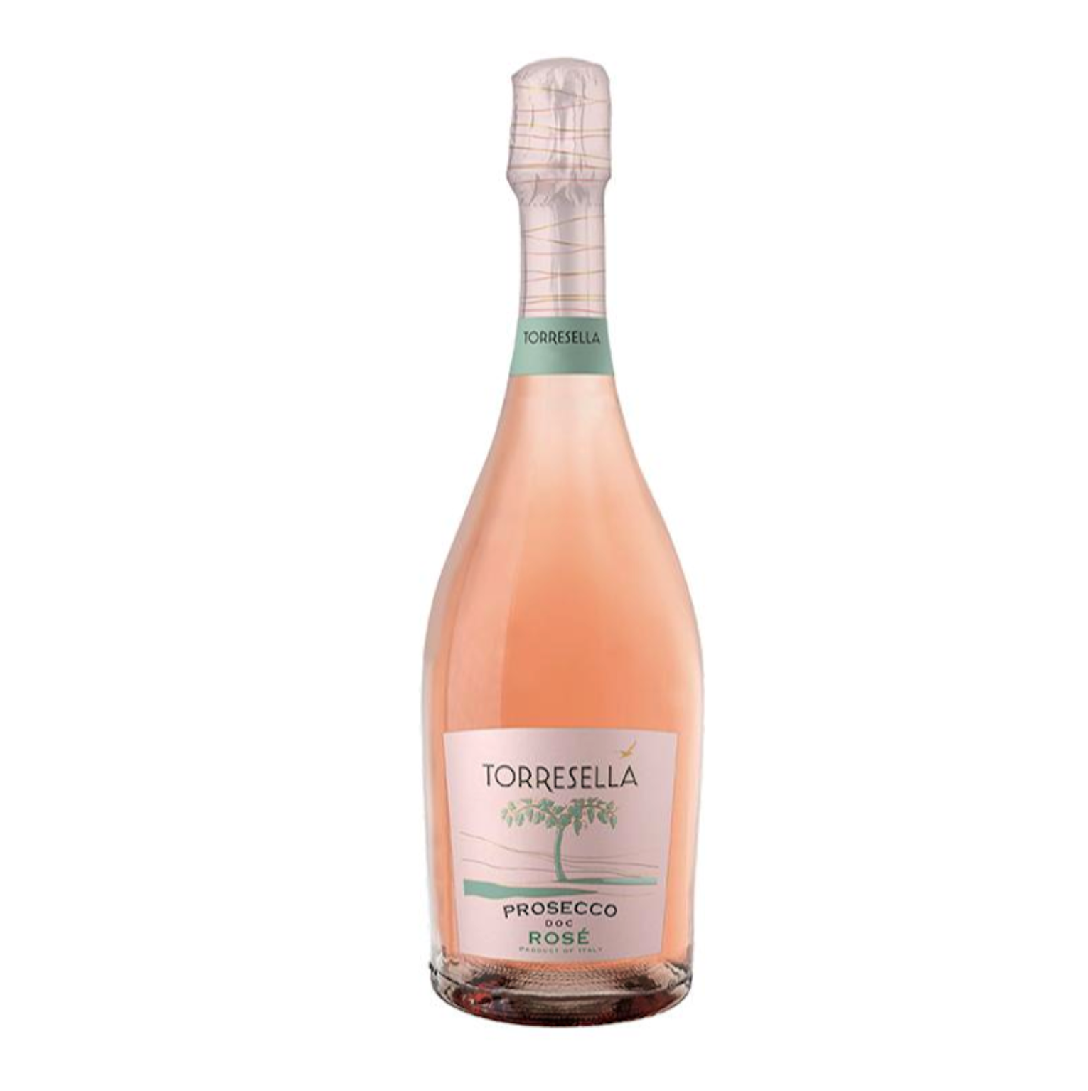 A bottle of Torresella Prosecco Rosé with a pink hue, labeled with a tree illustration and the words 'Prosecco Rosé'.