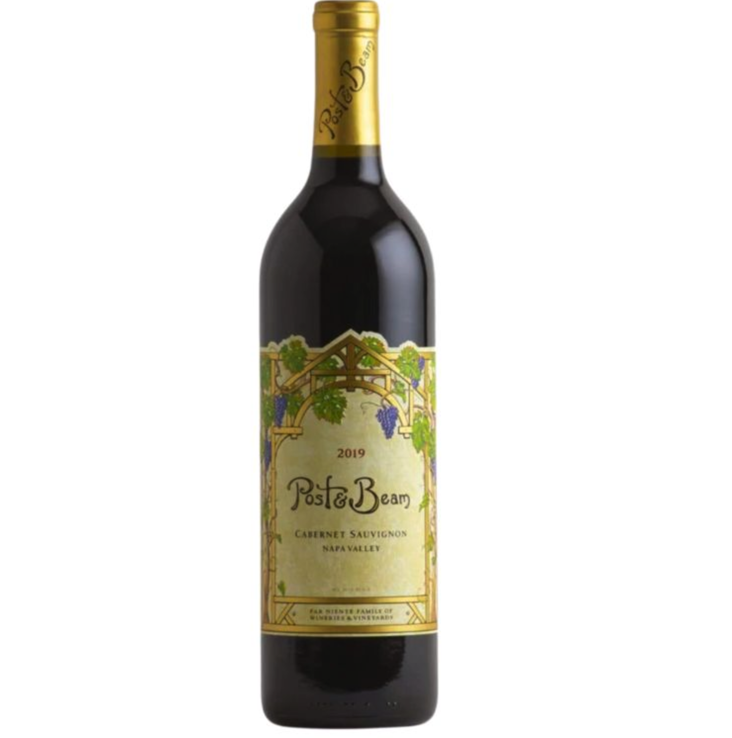 A bottle of Post & Beam Cabernet Sauvignon wine from Napa Valley, vintage 2019, with a cream label featuring a grapevine illustration and gold accents.