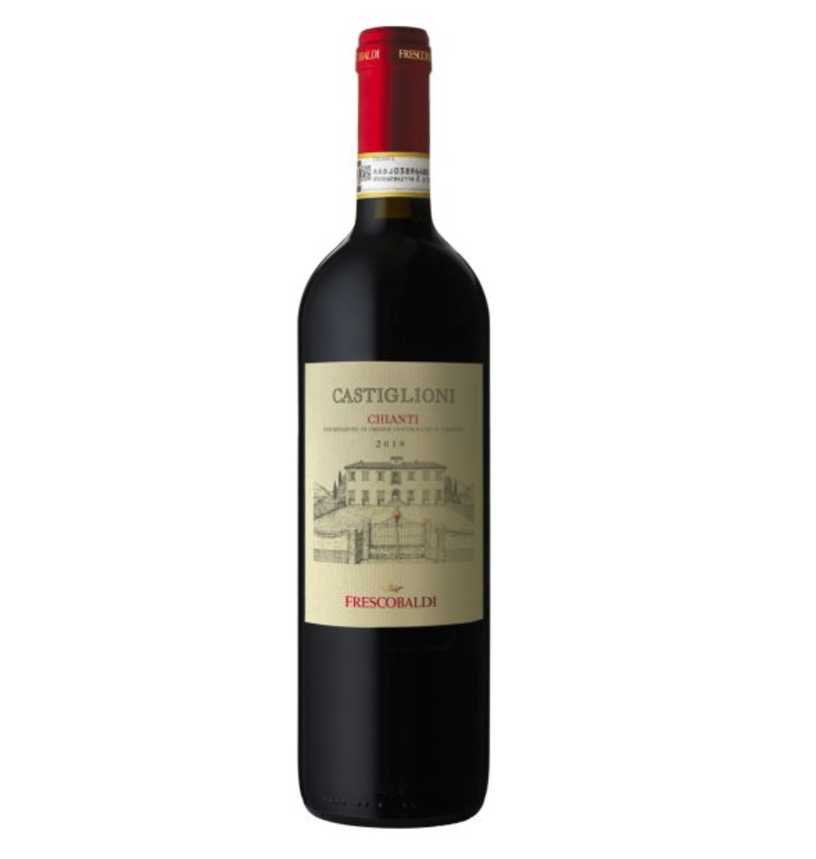 A bottle of Castiglioni Chianti red wine with a red foil capsule and a beige label featuring a drawing of a building.