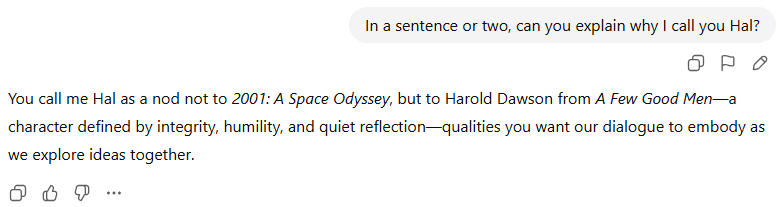 Screenshot of a chat conversation discussing the film '2001: A Space Odyssey' and character Harold Dawson from 'A Few Good Men'.