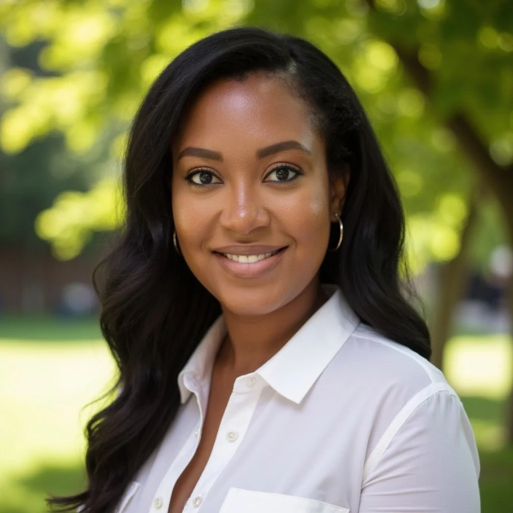 A woman with long black hair wearing a white shirt, standing outdoors with greenery in the background.