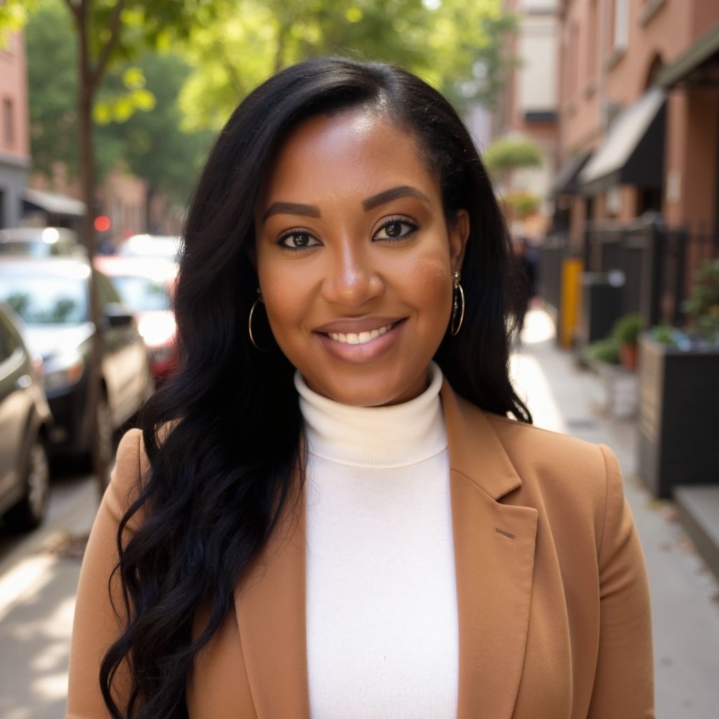 A woman smiling outdoors on a sidewalk with trees and parked cars in the background, wearing a tan blazer and white turtleneck.