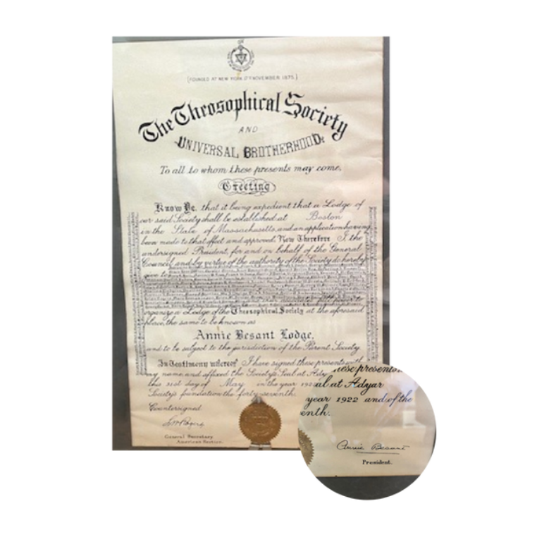 Historical certificate from the Theosophical Society and Universal Brotherhood, issued to Annie Resant Lodge in 1922.