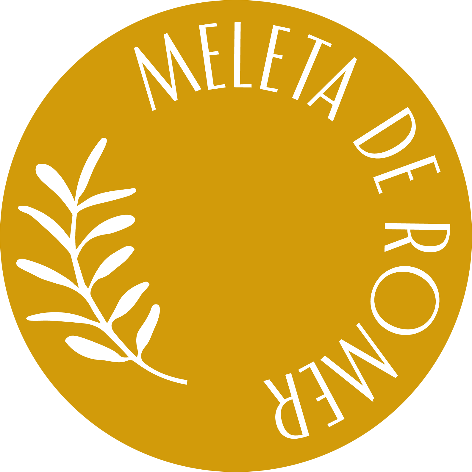 Etiqueta circular de color dorado con texto en español y una rama blanca decorativa.