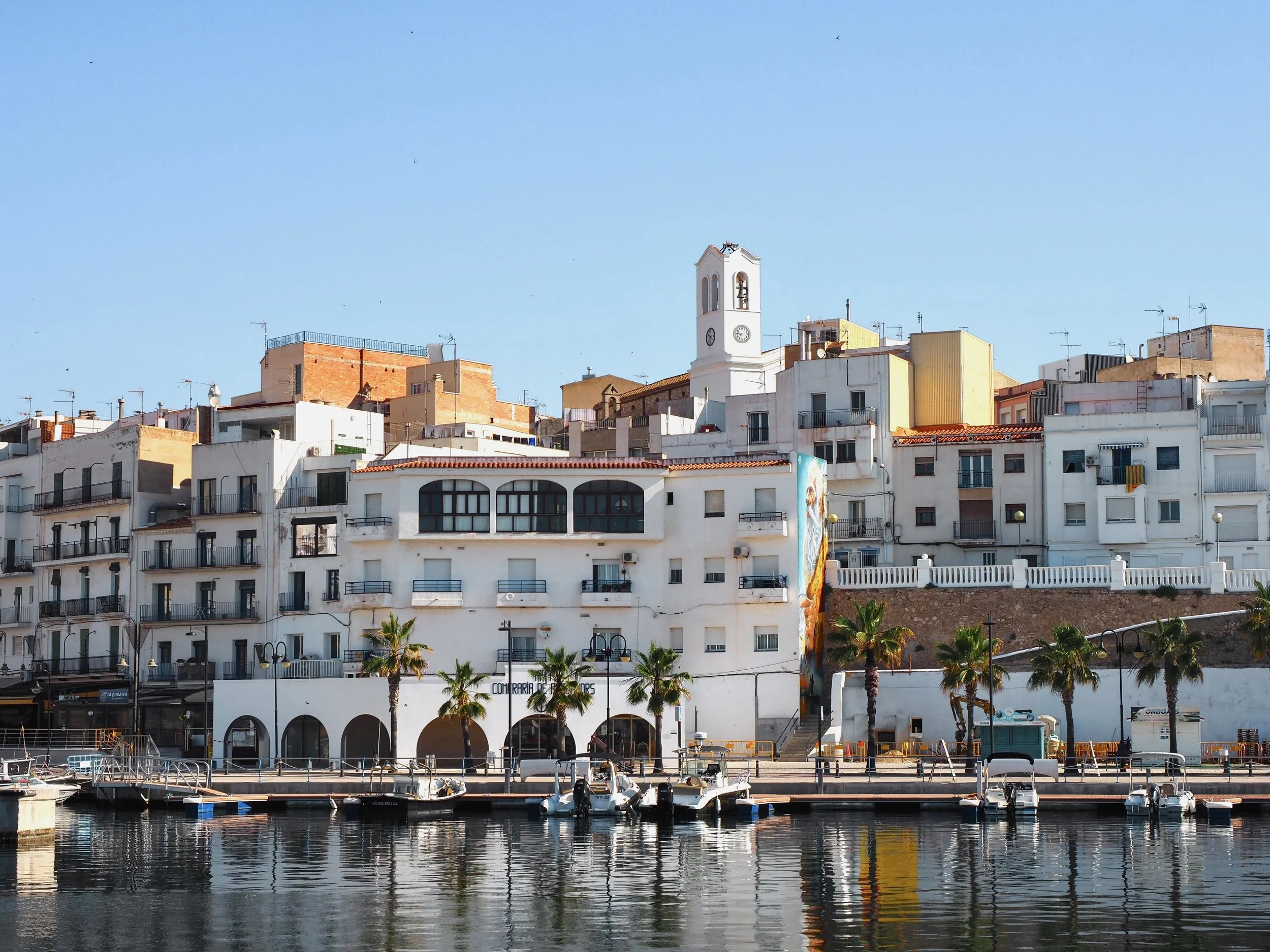 Vista del puerto con embarcaciones y edificios blancos con palmeras en la orilla, en un día soleado.