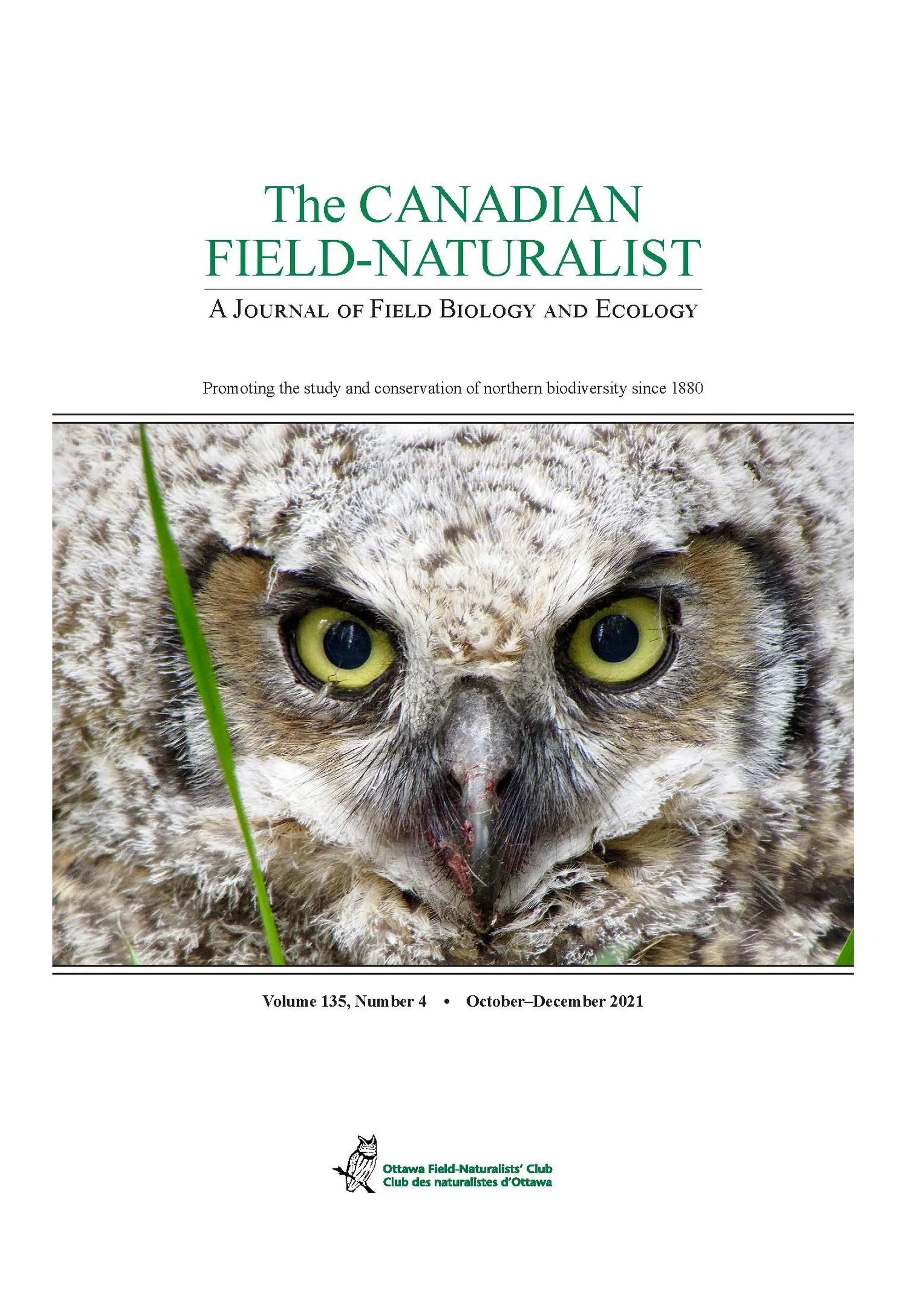 Cover of The Canadian Field-Naturalist journal featuring a close-up image of an owl with piercing yellow eyes and feathers, with a green grass blade across the left side.
