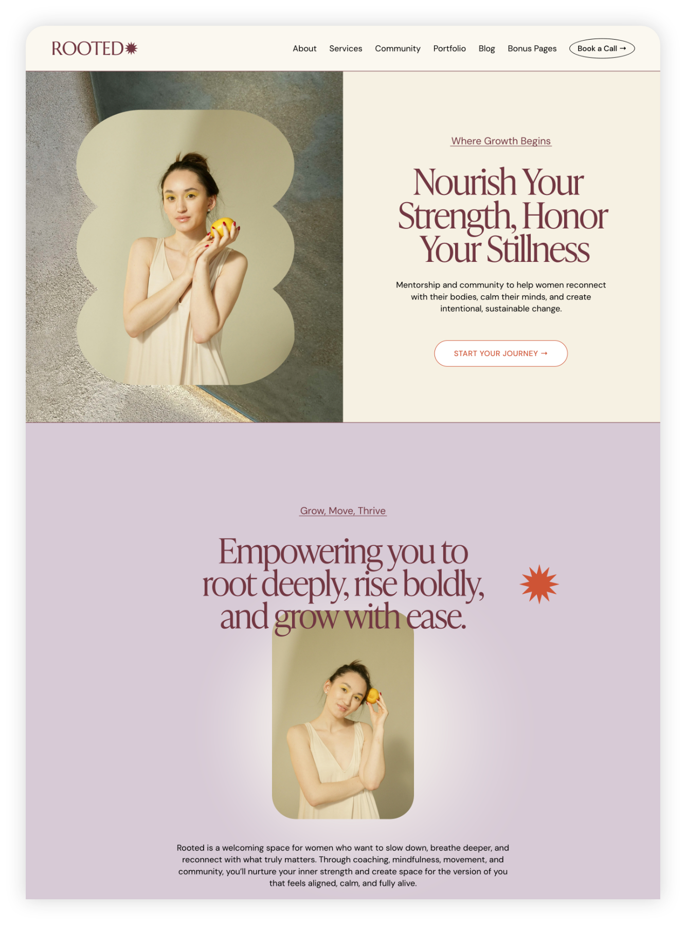 Website homepage for Rooted, a wellness space for women, featuring images of a woman holding a small orange and sections with inspirational text and navigation links.