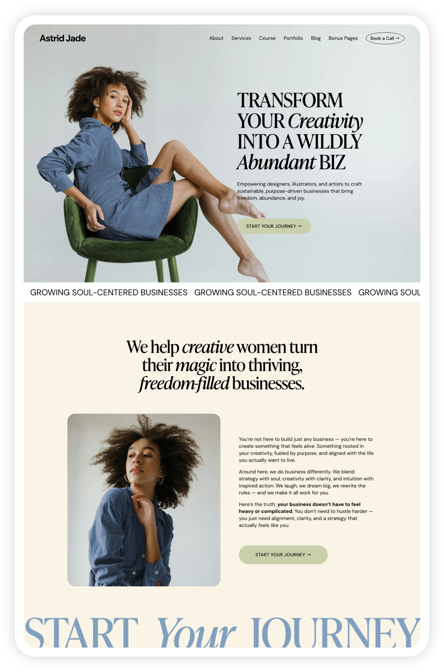 A website homepage built on the affordable Astrid Jade Squarespace template by Heythere Studio, with text promoting creativity and business empowerment, navigation menu at the top, and call-to-action buttons.