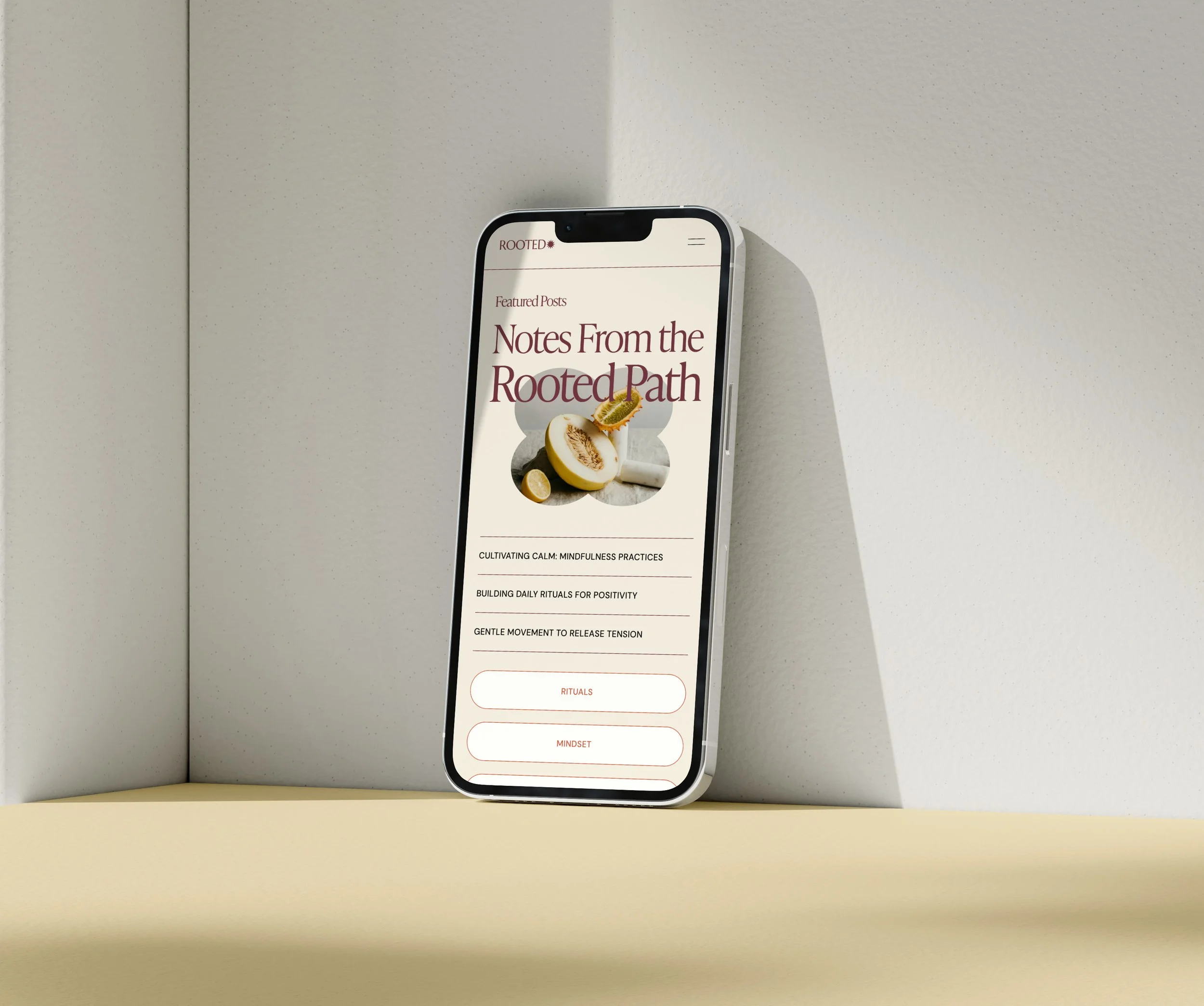 A smartphone displays a webpage for holistic, intentional, and conscious digital content creators using a premium Squarespace template from Heythere Studio.