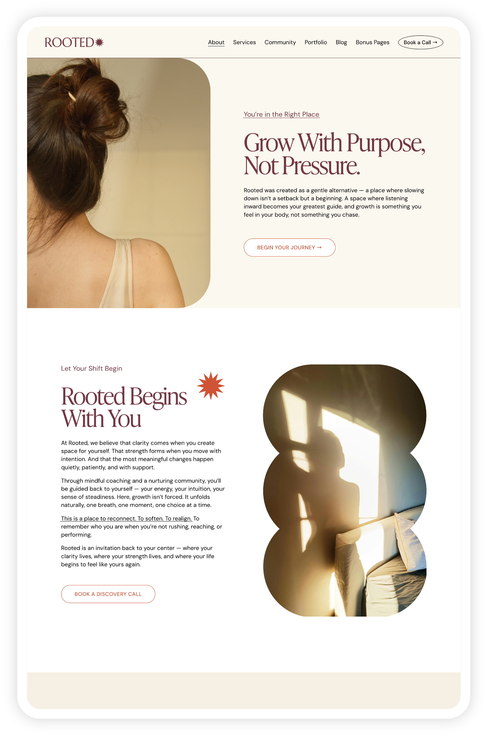 Screenshot of a website homepage from the Rooted DIY Squarespace template from Heythere Studio, a wellness optimized design, with images of a woman with her back turned and sunlight on a bed, and text promoting growth, purpose, and self-care.